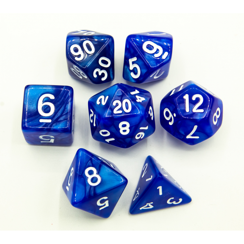 Blue Set of 7 Marbled Polyhedral Dice with White Numbers