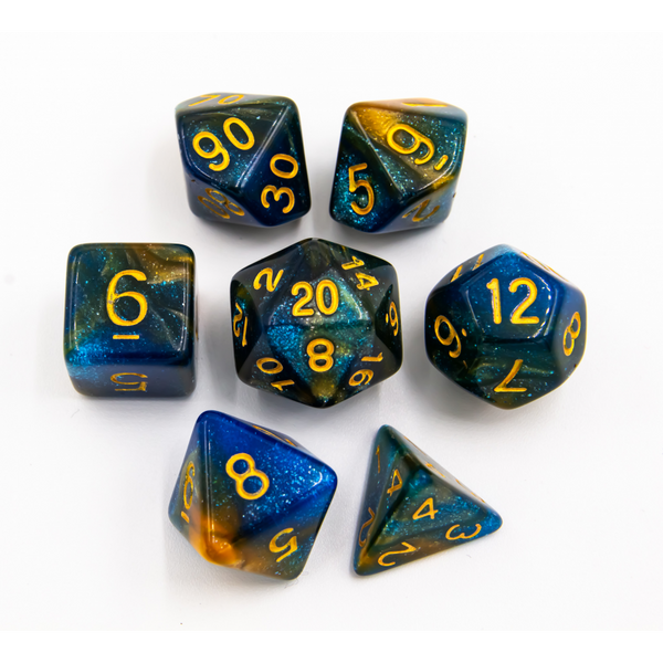 Blue/Orange Set of 7 Sparkly Fusion Polyhedral Dice with Gold Numbers