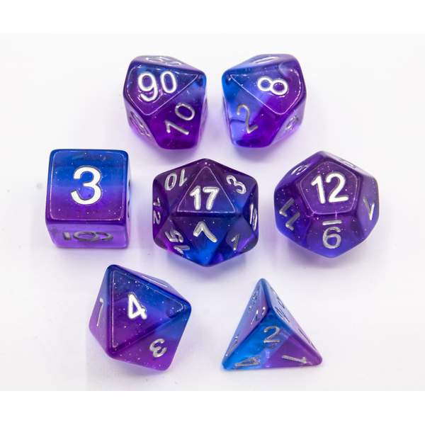 Blue/Purple Set of 7 Aurora Polyhedral Dice with White Numbers