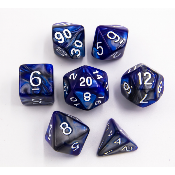 Blue/Steel Set of 7 Steel Polyhedral Dice with White Numbers