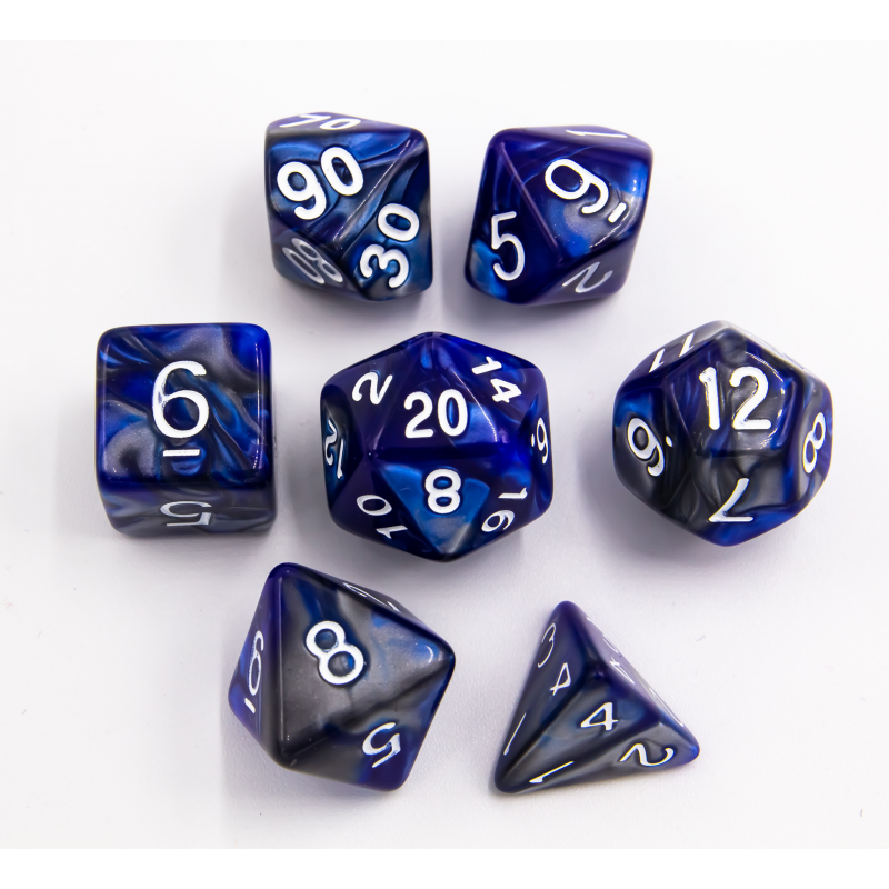 Blue/Steel Set of 7 Steel Polyhedral Dice with White Numbers