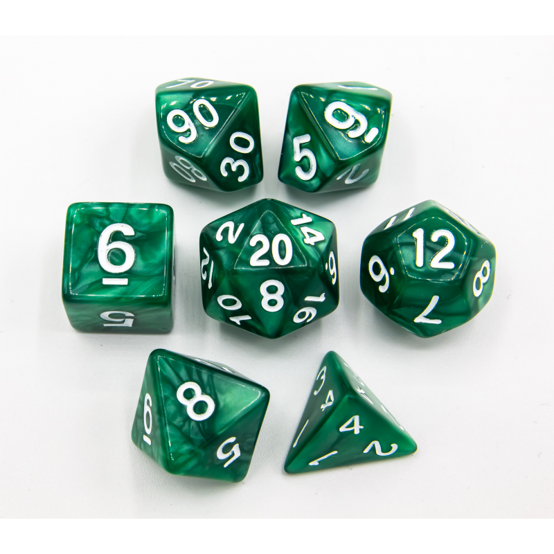 Green Set of 7 Marbled Polyhedral Dice with White Numbers