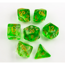Green Set of 7 Nebula Polyhedral Dice with Gold Numbers