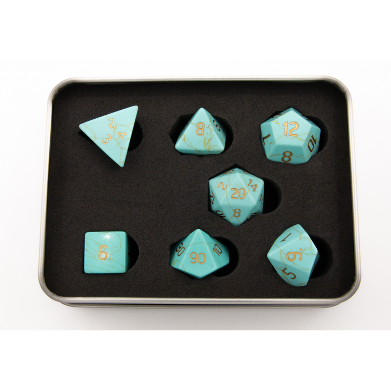 Green Turquoise Set of 7 Gemstone Polyhedral Dice with Gold Numbers