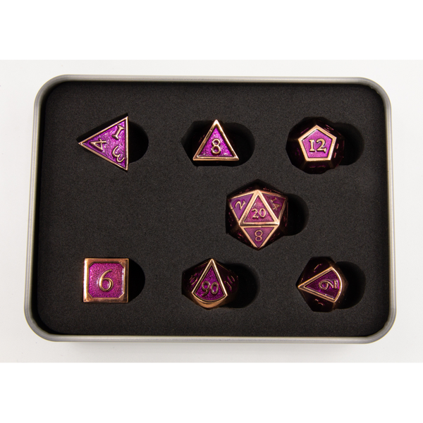 Purple Shadow Set of 7 Metal Polyhedral Dice with Copper Numbers
