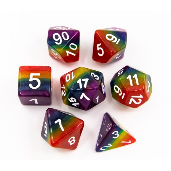 Rainbow Set of 7 Multi-layer Polyhedral Dice with White Numbers