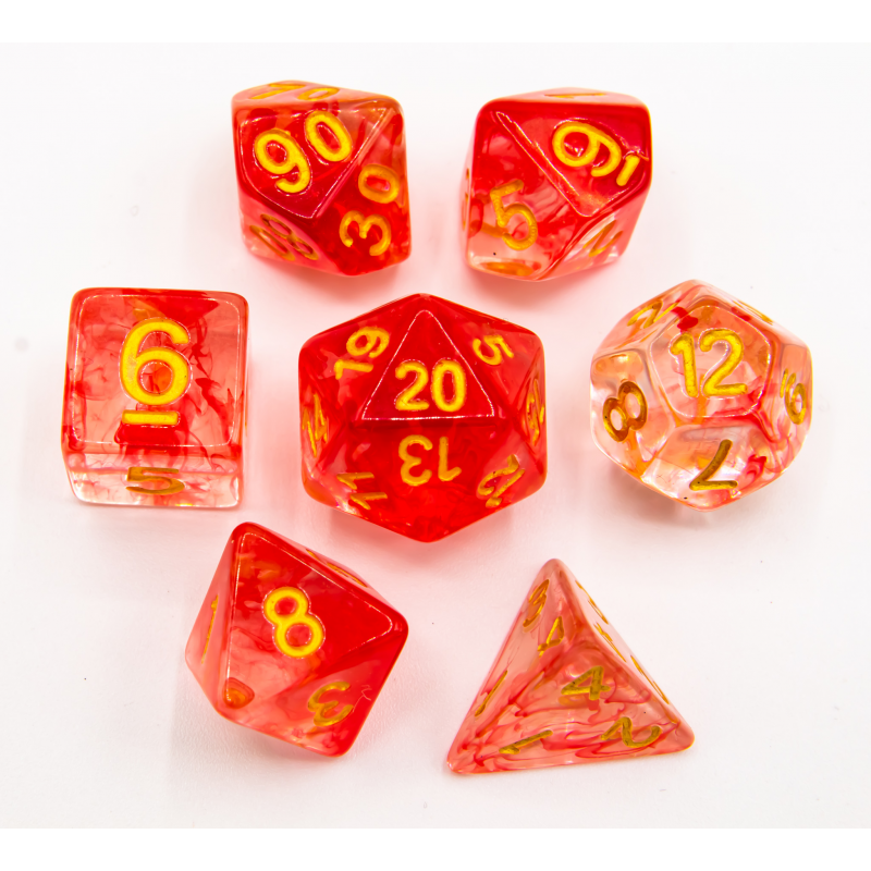 Red Set of 7 Nebula Polyhedral Dice with Gold Numbers