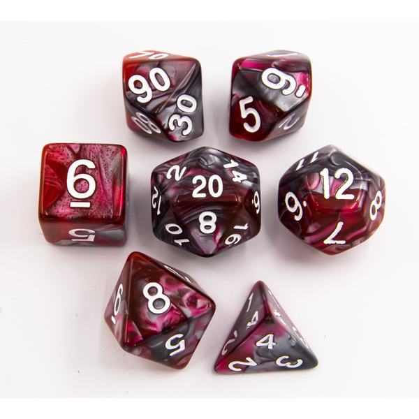 Red/Steel Set of 7 Steel Polyhedral Dice with White Numbers